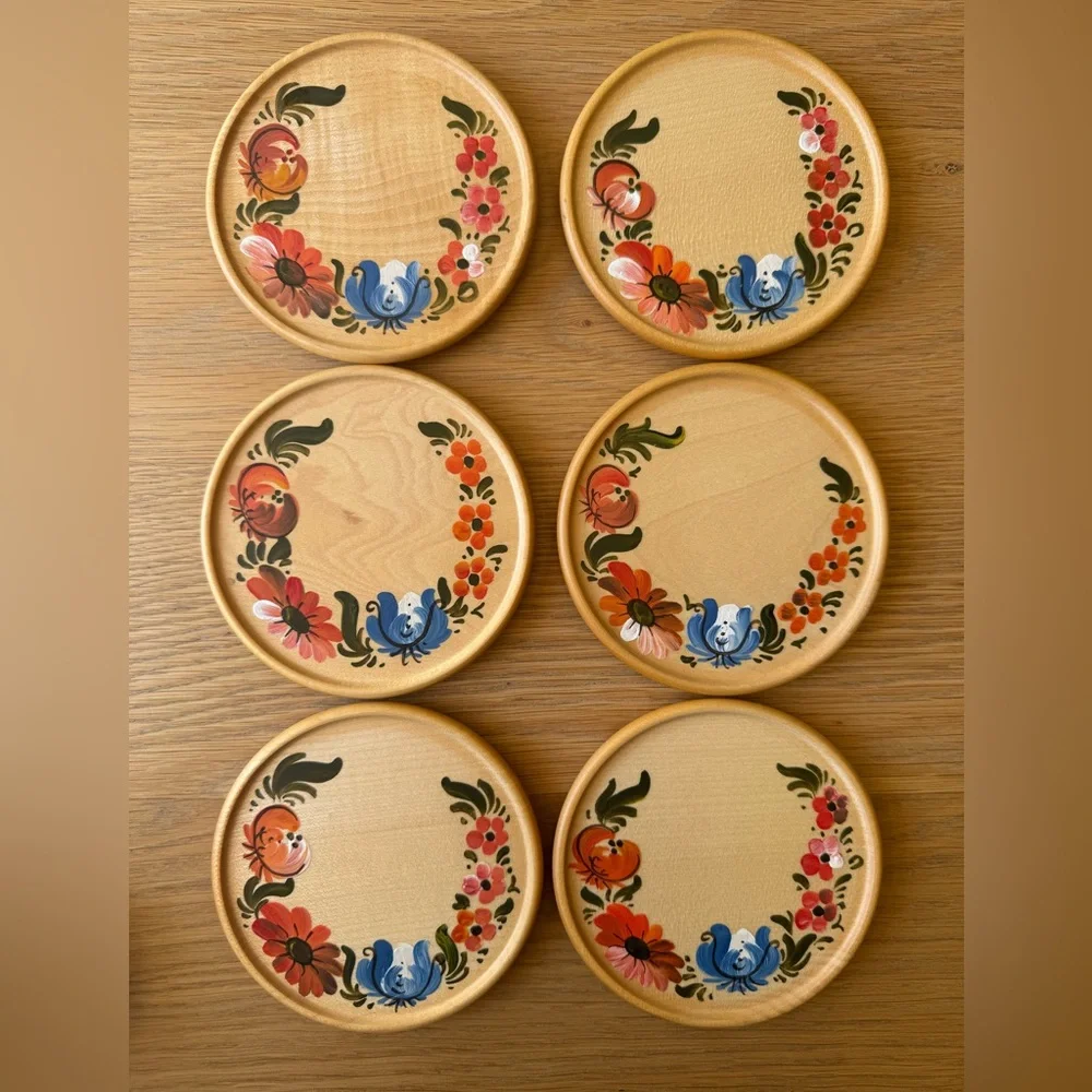 Vintage Hand painted Wood Coasters Set Of 6 Floral Boho Flowers 4” Light Blonde